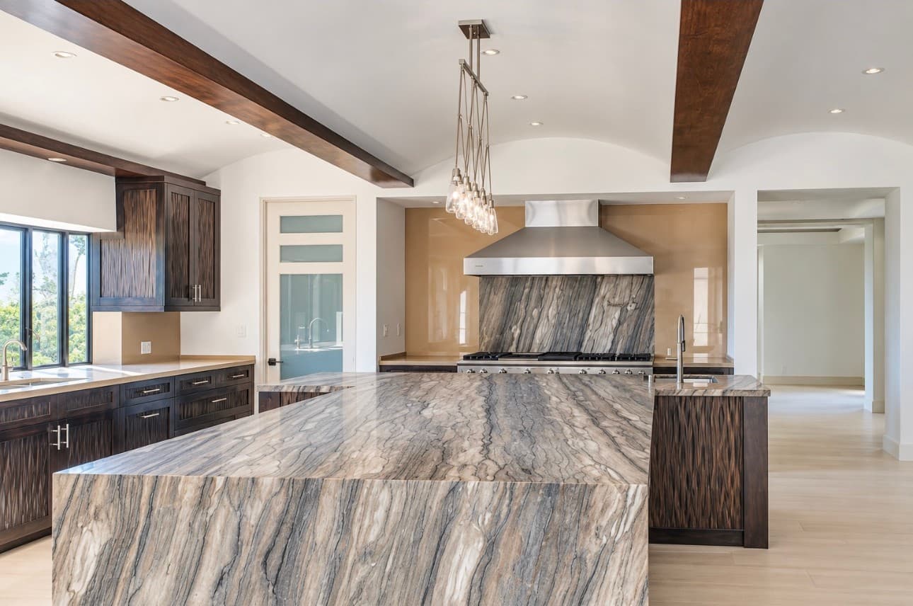 Beamed Ceiling Waterfall Kitchen — Photo 1