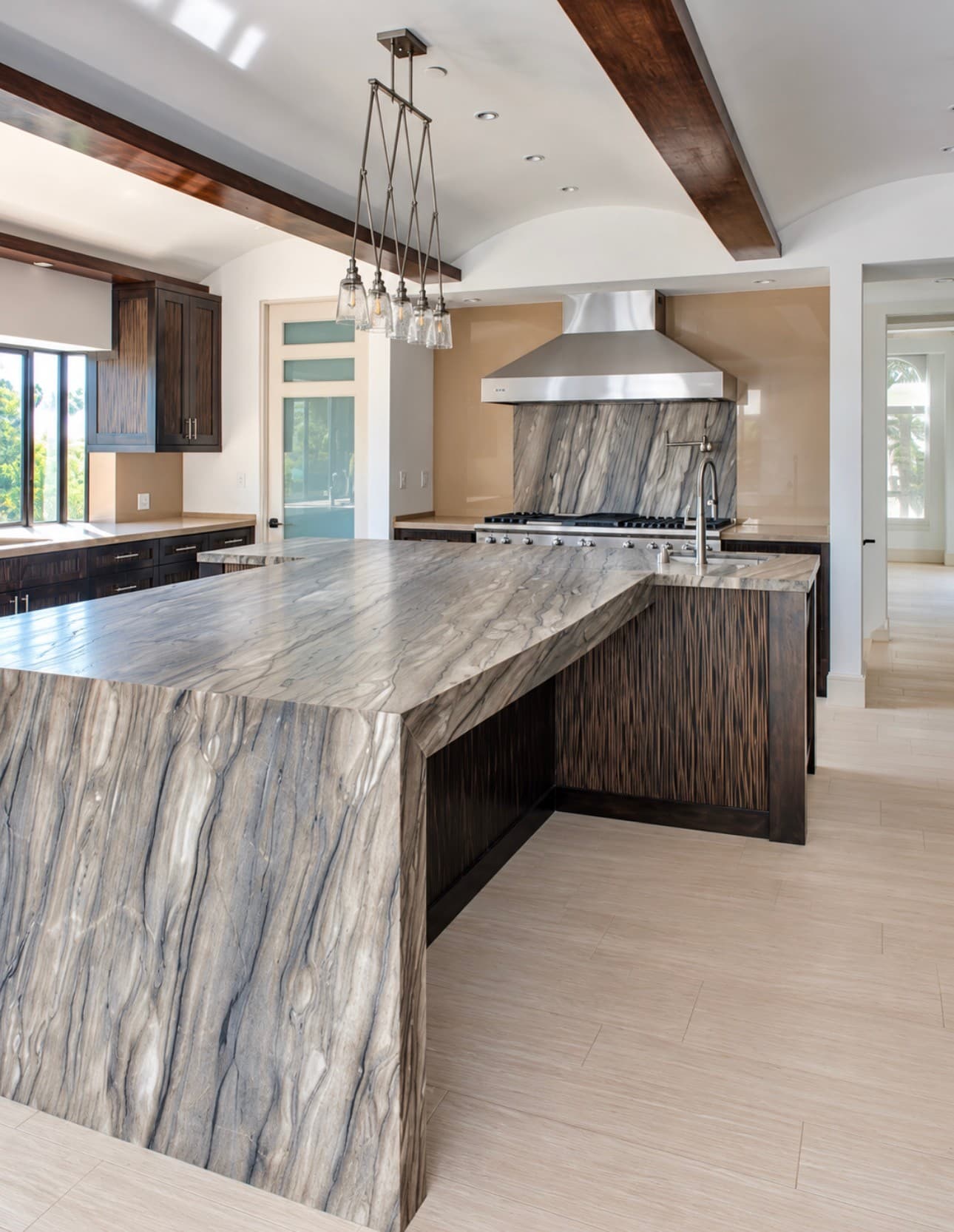 Beamed Ceiling Waterfall Kitchen — Photo 2
