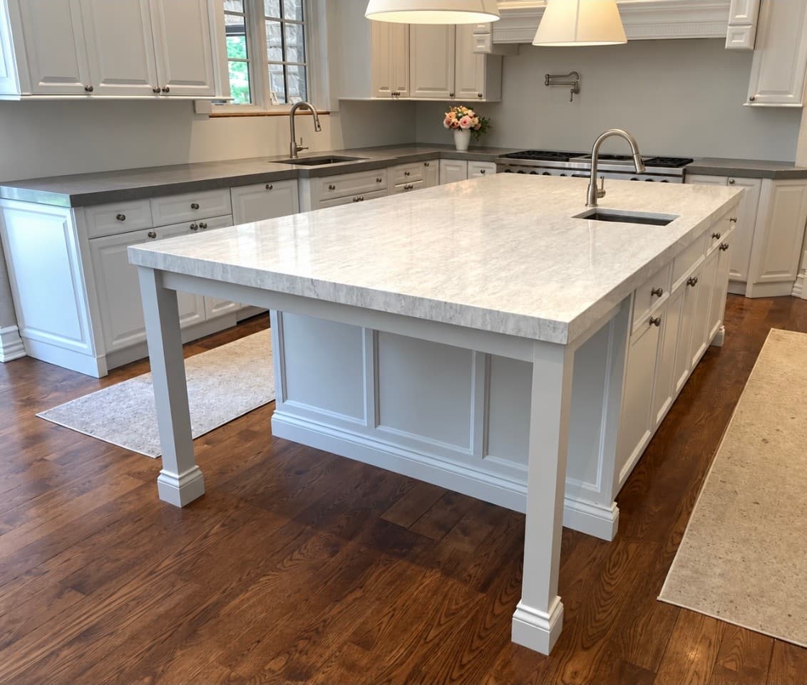 A large kitchen island with a thick white stone top in a white kitchen