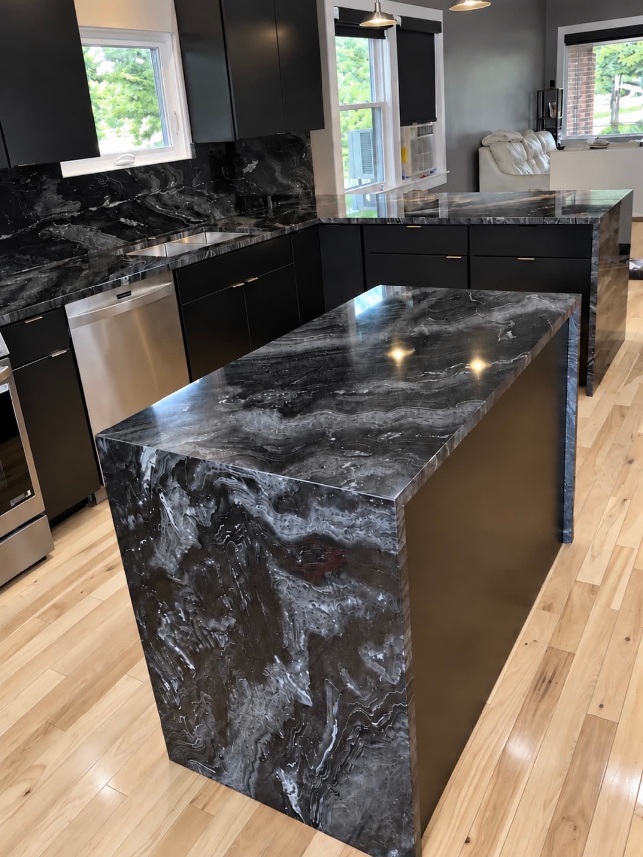 Black Waterfall Island Kitchen — Stone City project